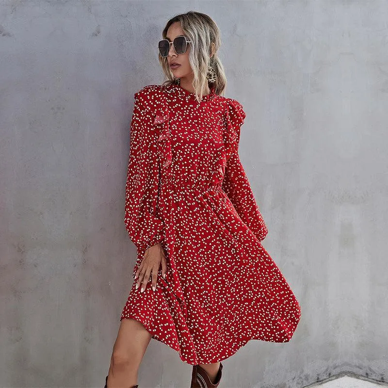 Ruffled heart-shaped dot print Ladies' Maxi dress