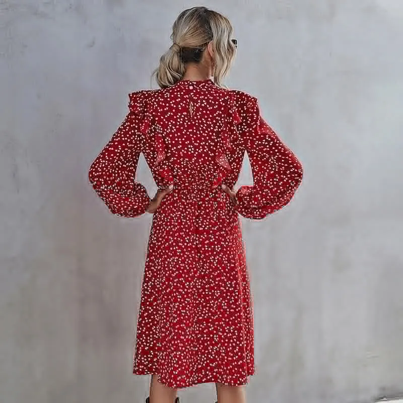 Ruffled heart-shaped dot print Ladies' Maxi dress