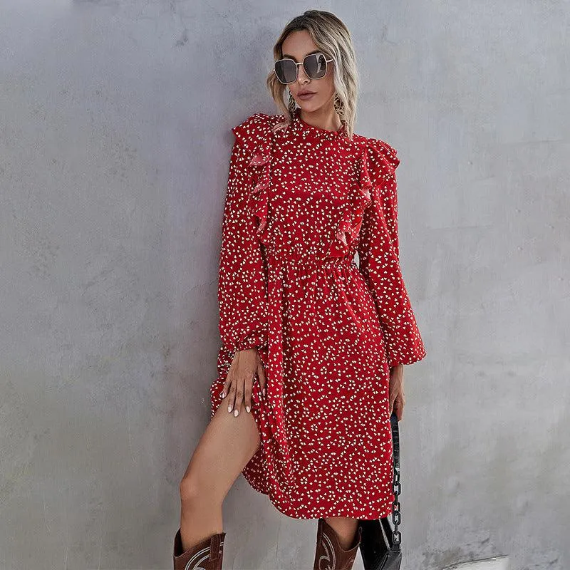 Ruffled heart-shaped dot print Ladies' Maxi dress