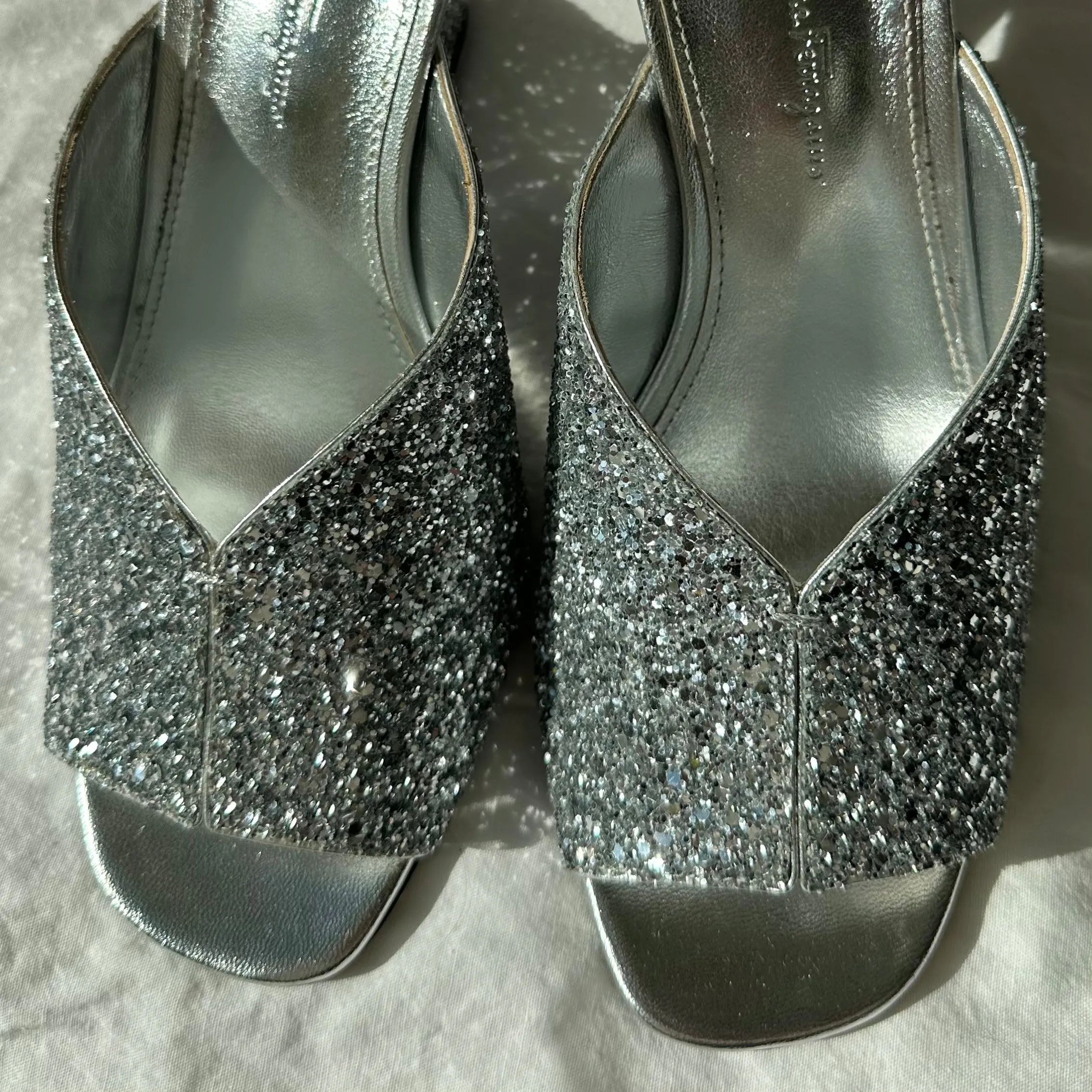 Salvatore Ferragamo Ladies Argento Sansu Sculptural Heel Mules