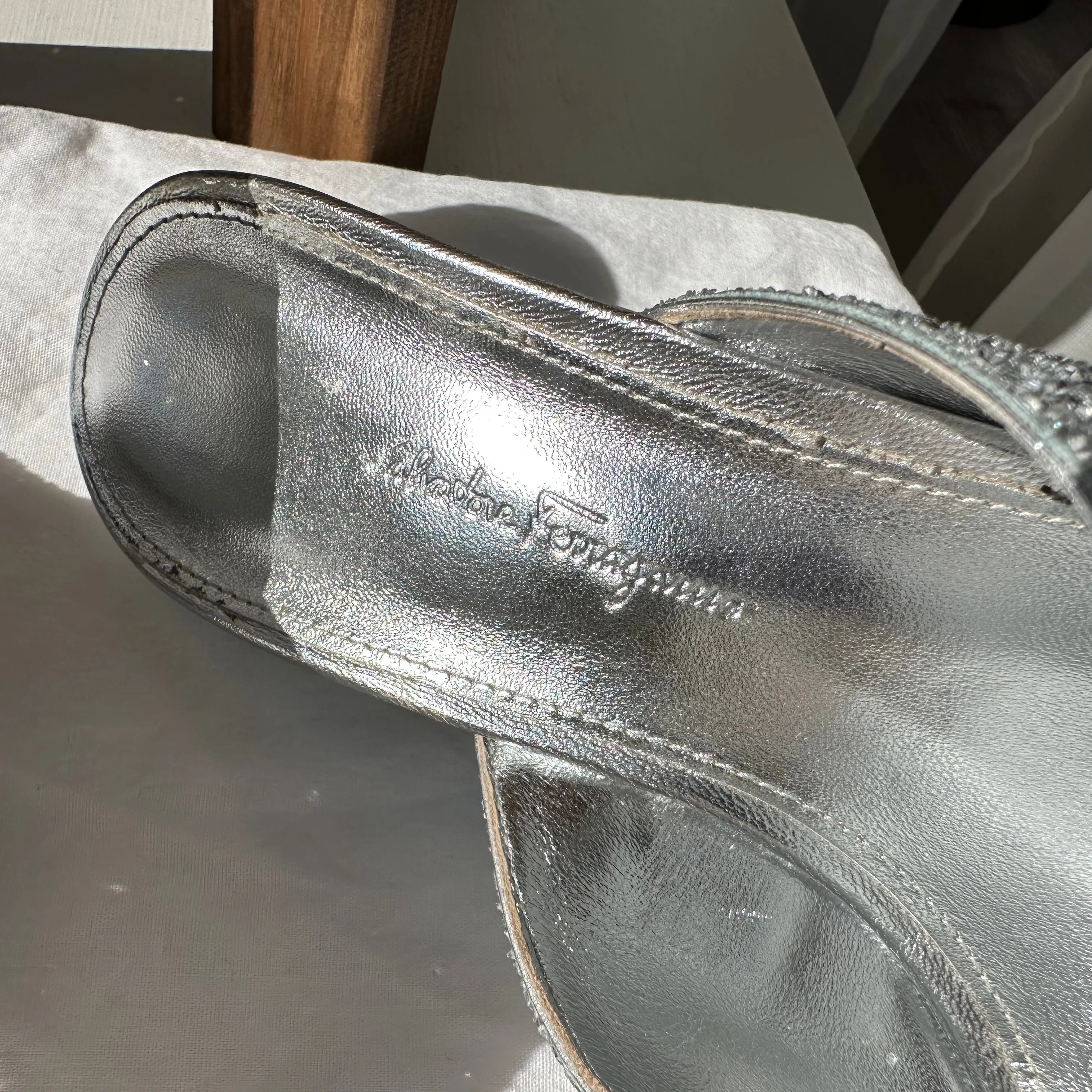 Salvatore Ferragamo Ladies Argento Sansu Sculptural Heel Mules
