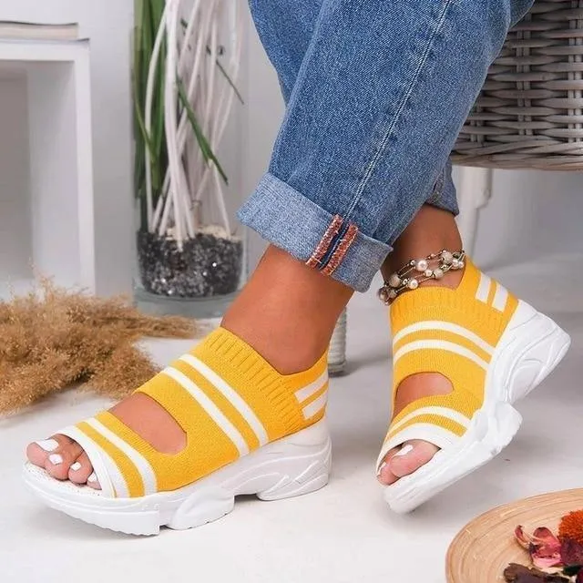 Sandals High Heels Platform Shoes Summer Casual Female Sneakers Knitting Slip On Peep Toe Sandals