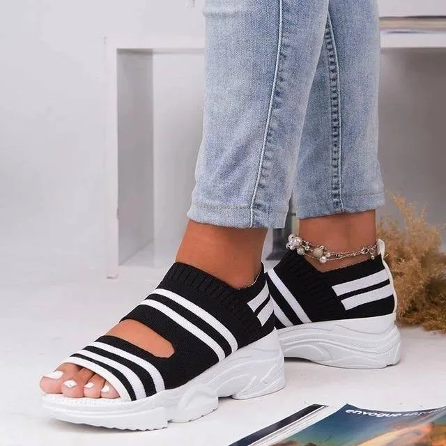 Sandals High Heels Platform Shoes Summer Casual Female Sneakers Knitting Slip On Peep Toe Sandals