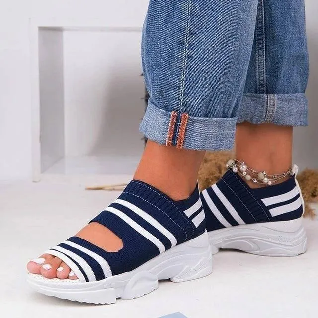 Sandals High Heels Platform Shoes Summer Casual Female Sneakers Knitting Slip On Peep Toe Sandals