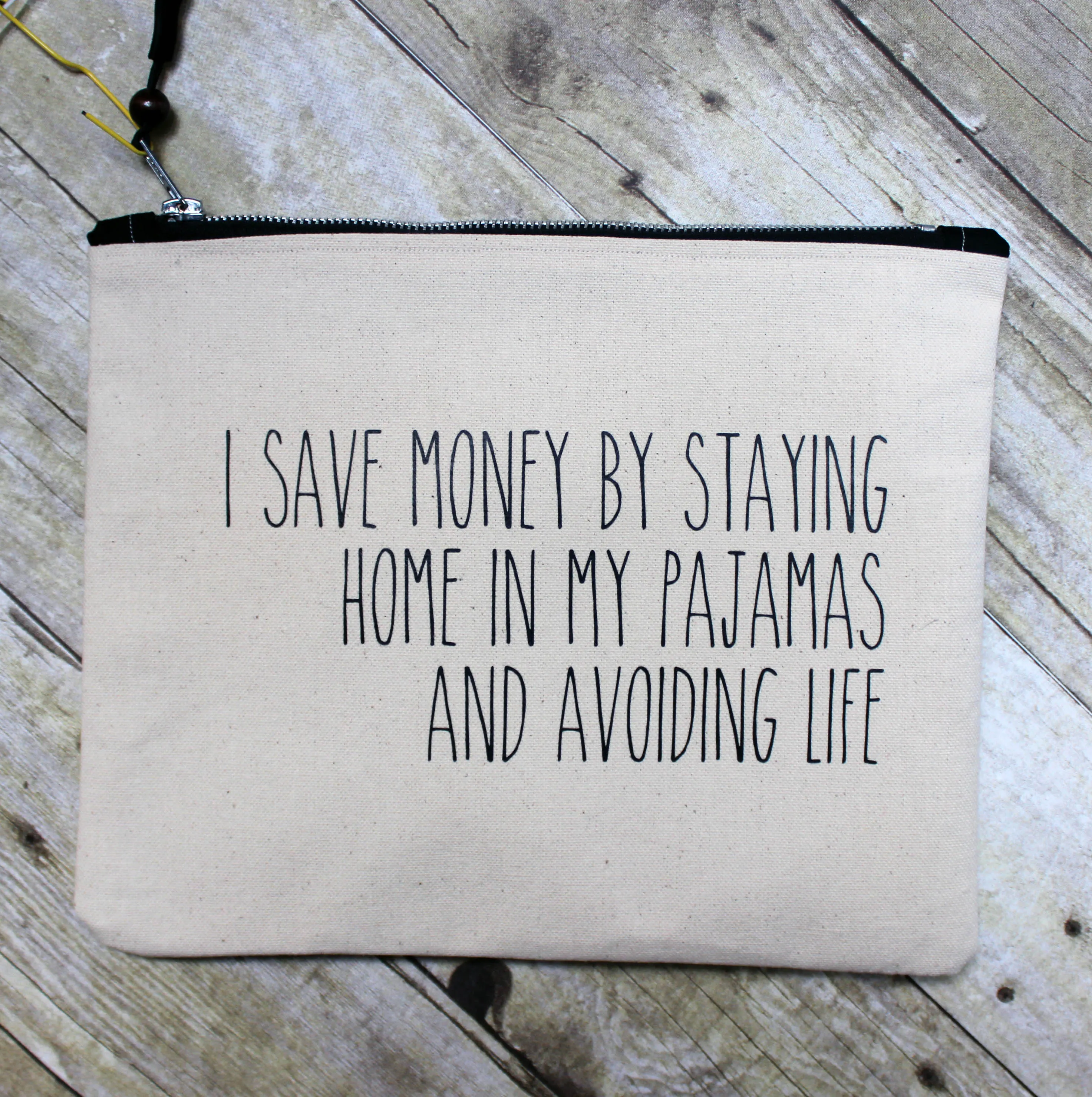save money in your pajamas - zip money makeup bag