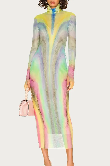 SHAILENE POWER MESH TURTLENECK MIDI DRESS