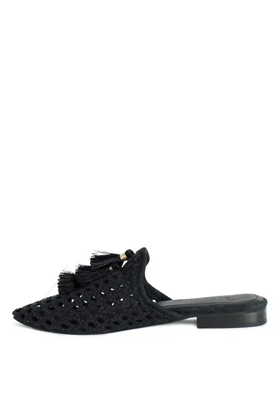 Size US 5 & 6 MIRIAM Woven Metallic Tassel Flat Mules