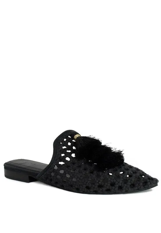 Size US 5 & 6 MIRIAM Woven Metallic Tassel Flat Mules
