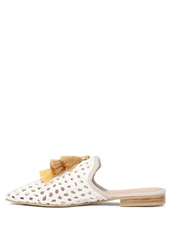 Size US 5 & 6 MIRIAM Woven Metallic Tassel Flat Mules