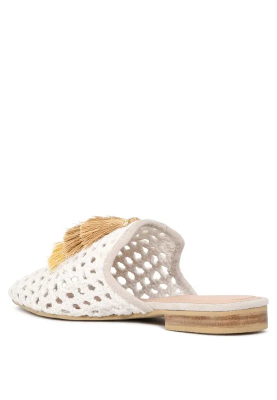 Size US 5 & 6 MIRIAM Woven Metallic Tassel Flat Mules