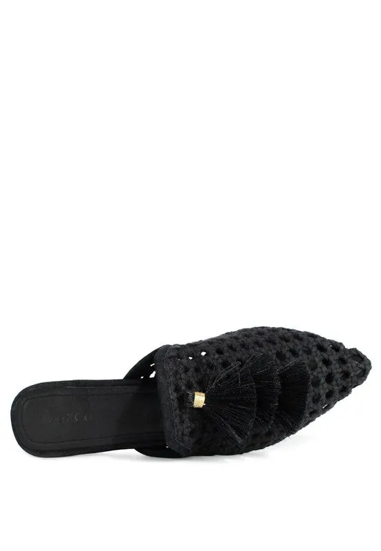 Size US 5 & 6 MIRIAM Woven Metallic Tassel Flat Mules