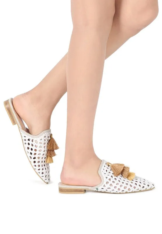 Size US 5 & 6 MIRIAM Woven Metallic Tassel Flat Mules