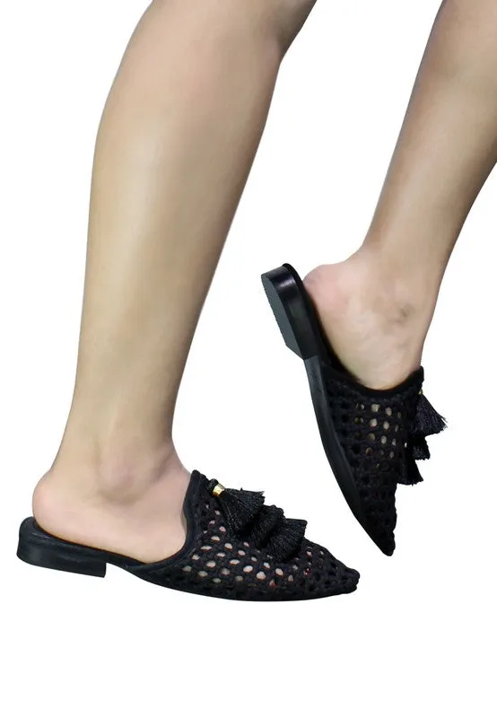 Size US 5 & 6 MIRIAM Woven Metallic Tassel Flat Mules