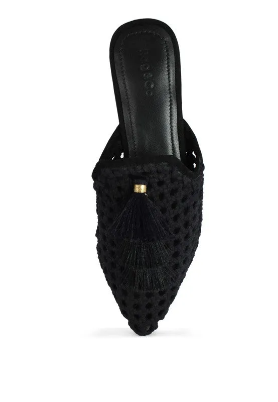 Size US 5 & 6 MIRIAM Woven Metallic Tassel Flat Mules