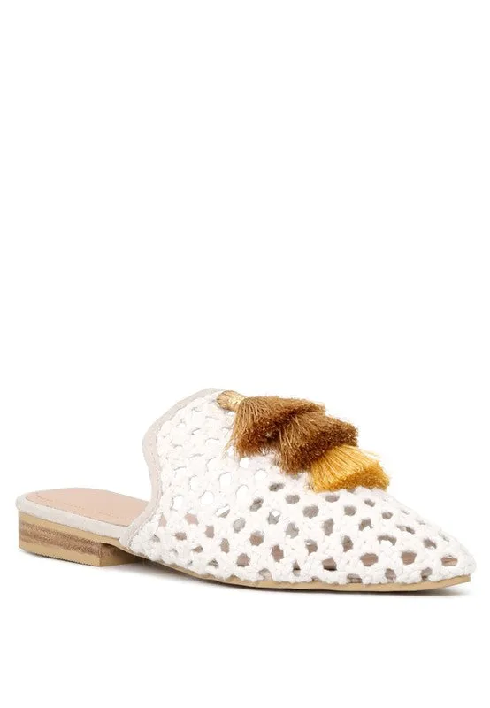 Size US 5 & 6 MIRIAM Woven Metallic Tassel Flat Mules