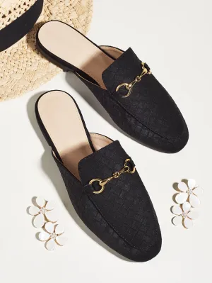 Snaffle Decor Woven Pattern Loafer Mules - Black