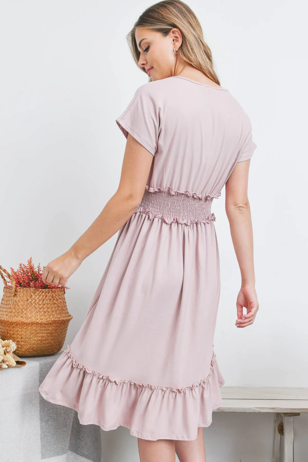 Solid Elastic Waist Ruffled Hem Dress