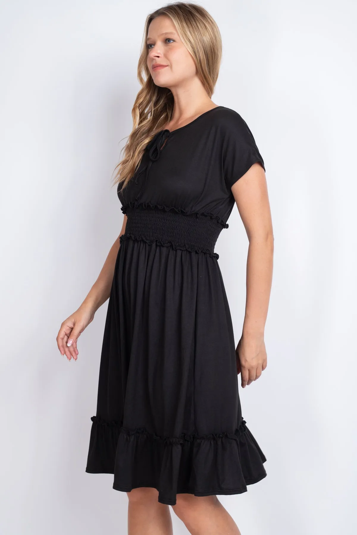 Solid Elastic Waist Ruffled Hem Dress