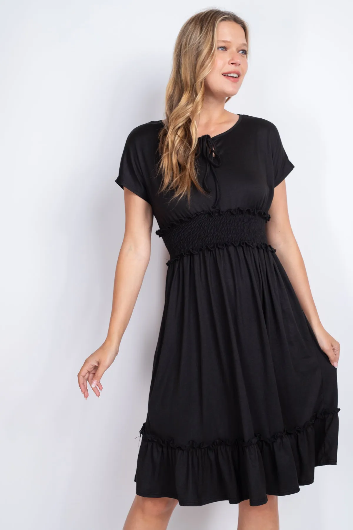 Solid Elastic Waist Ruffled Hem Dress