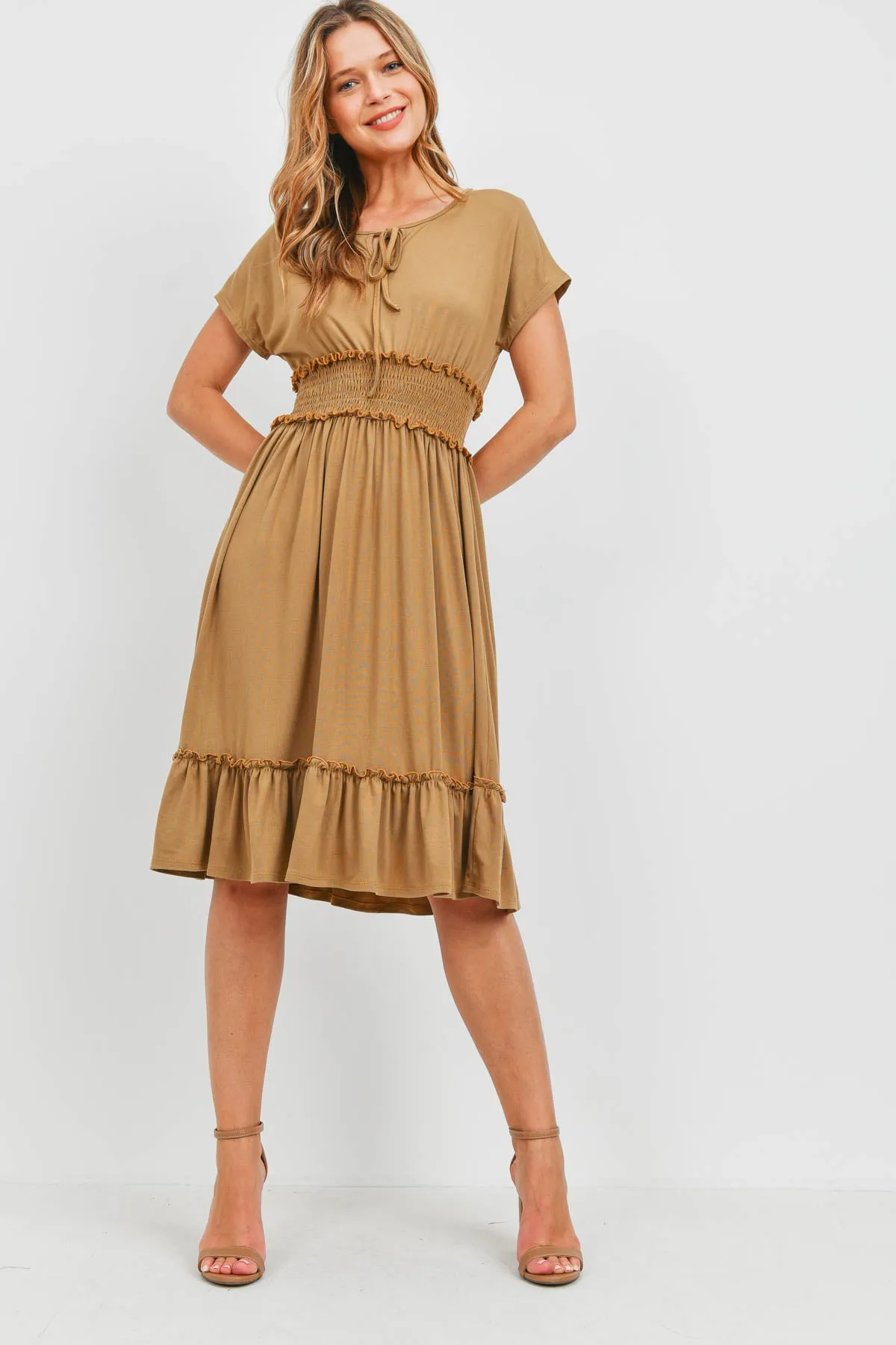 Solid Elastic Waist Ruffled Hem Dress