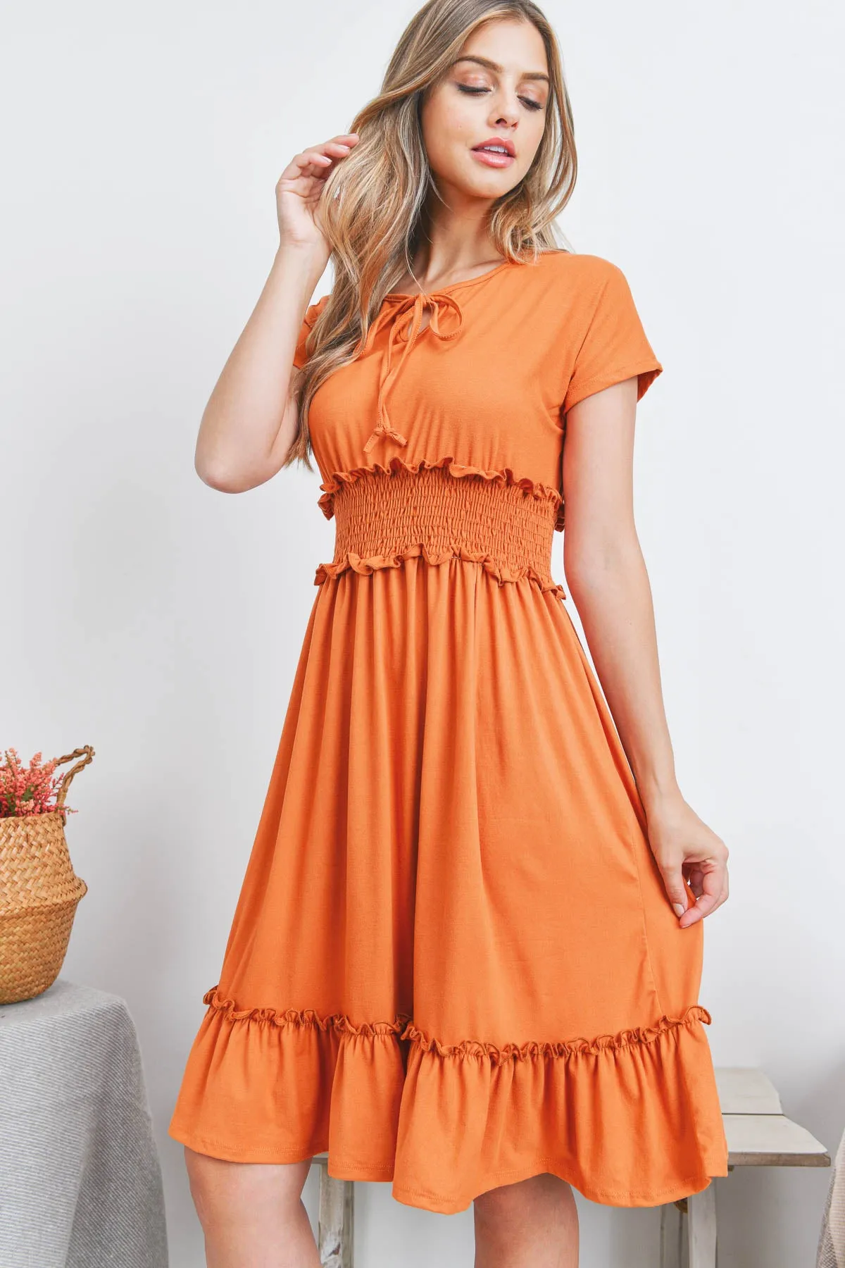 Solid Elastic Waist Ruffled Hem Dress