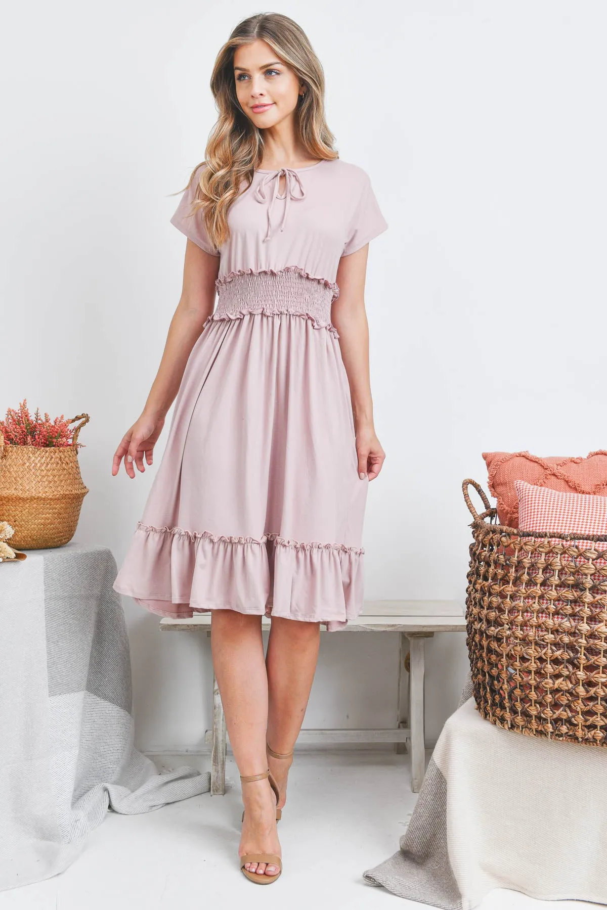 Solid Elastic Waist Ruffled Hem Dress