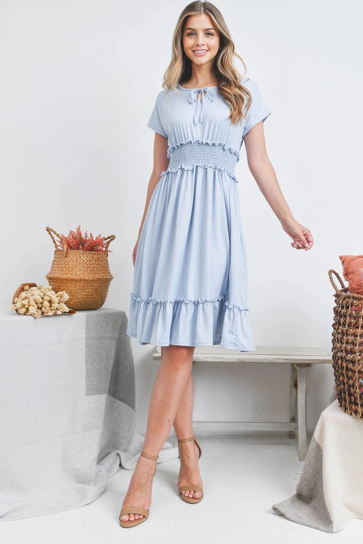 Solid Elastic Waist Ruffled Hem Dress