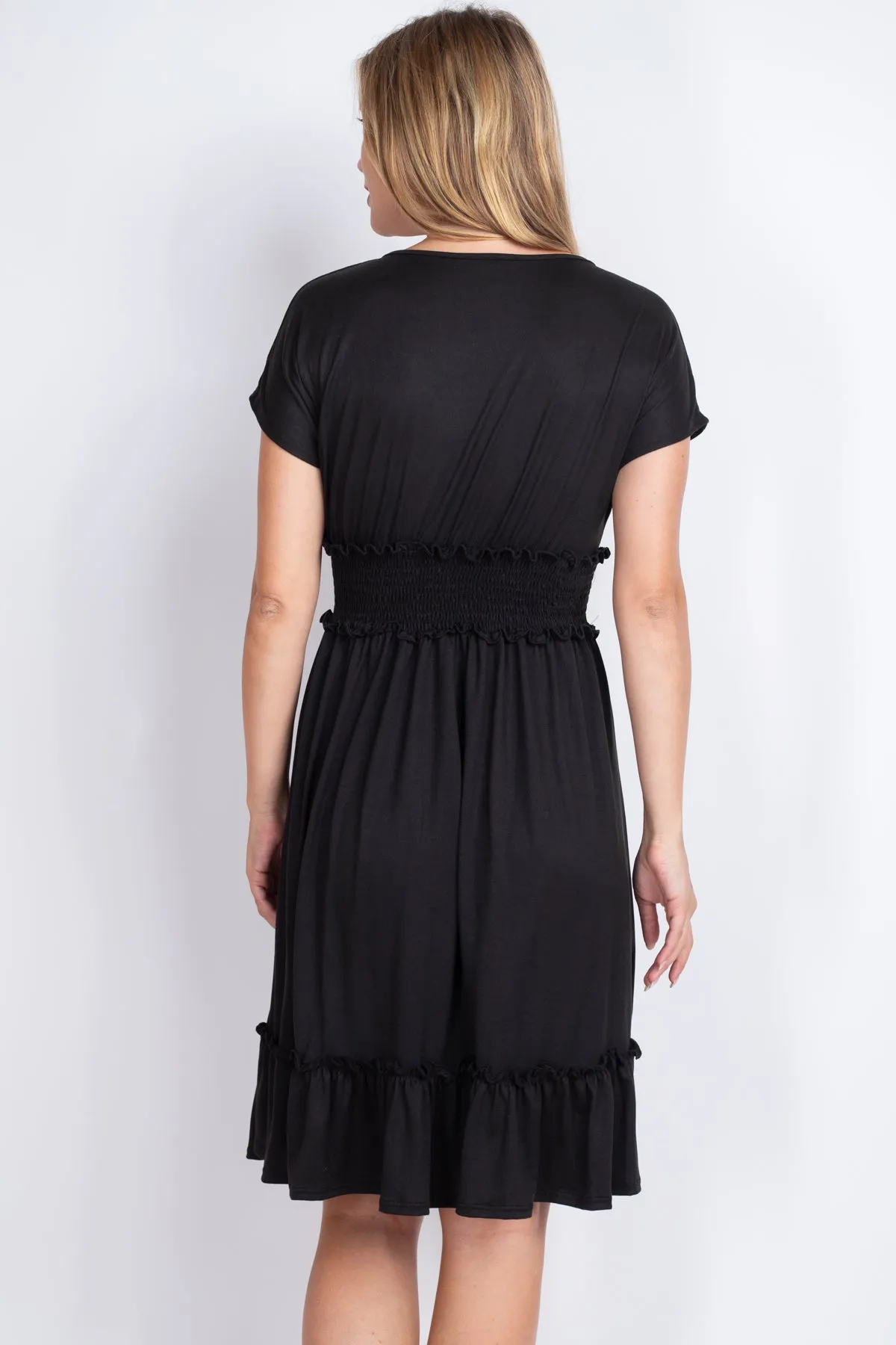 Solid Elastic Waist Ruffled Hem Dress
