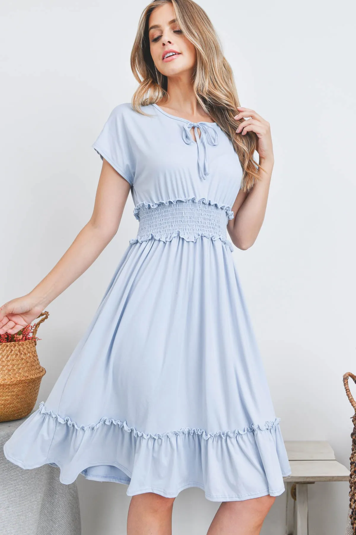 Solid Elastic Waist Ruffled Hem Dress