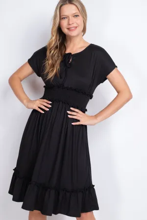 Solid Elastic Waist Ruffled Hem Dress