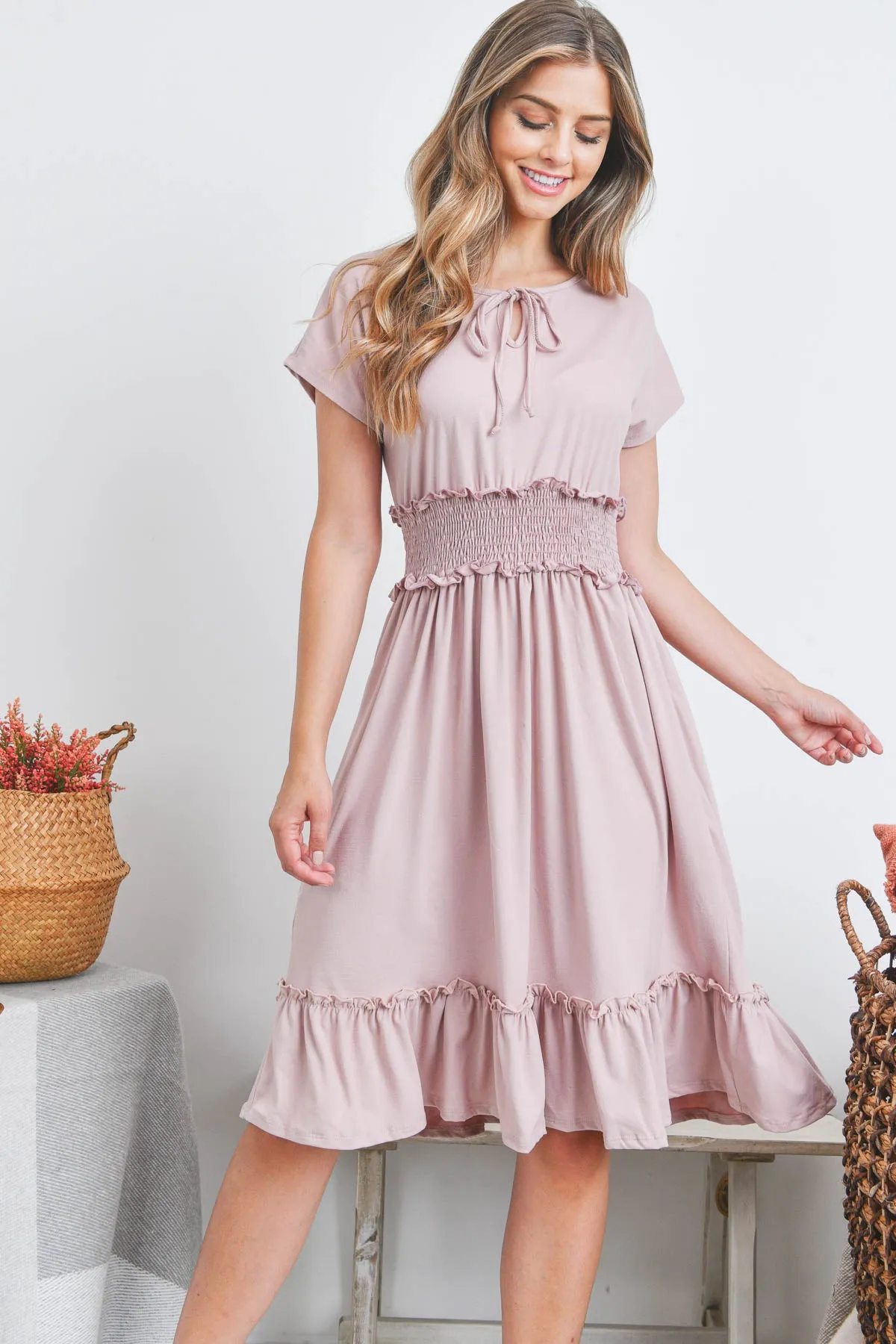 Solid Elastic Waist Ruffled Hem Dress
