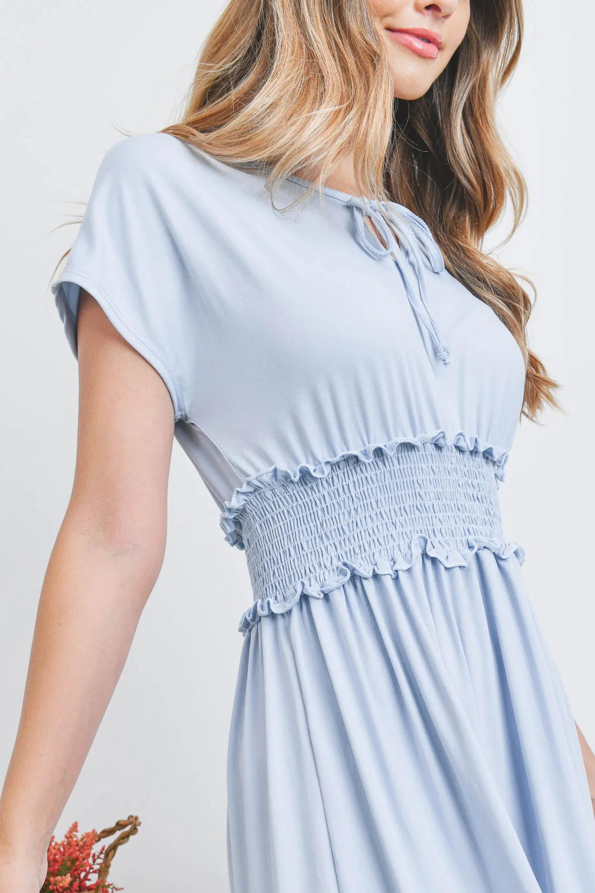 Solid Elastic Waist Ruffled Hem Dress