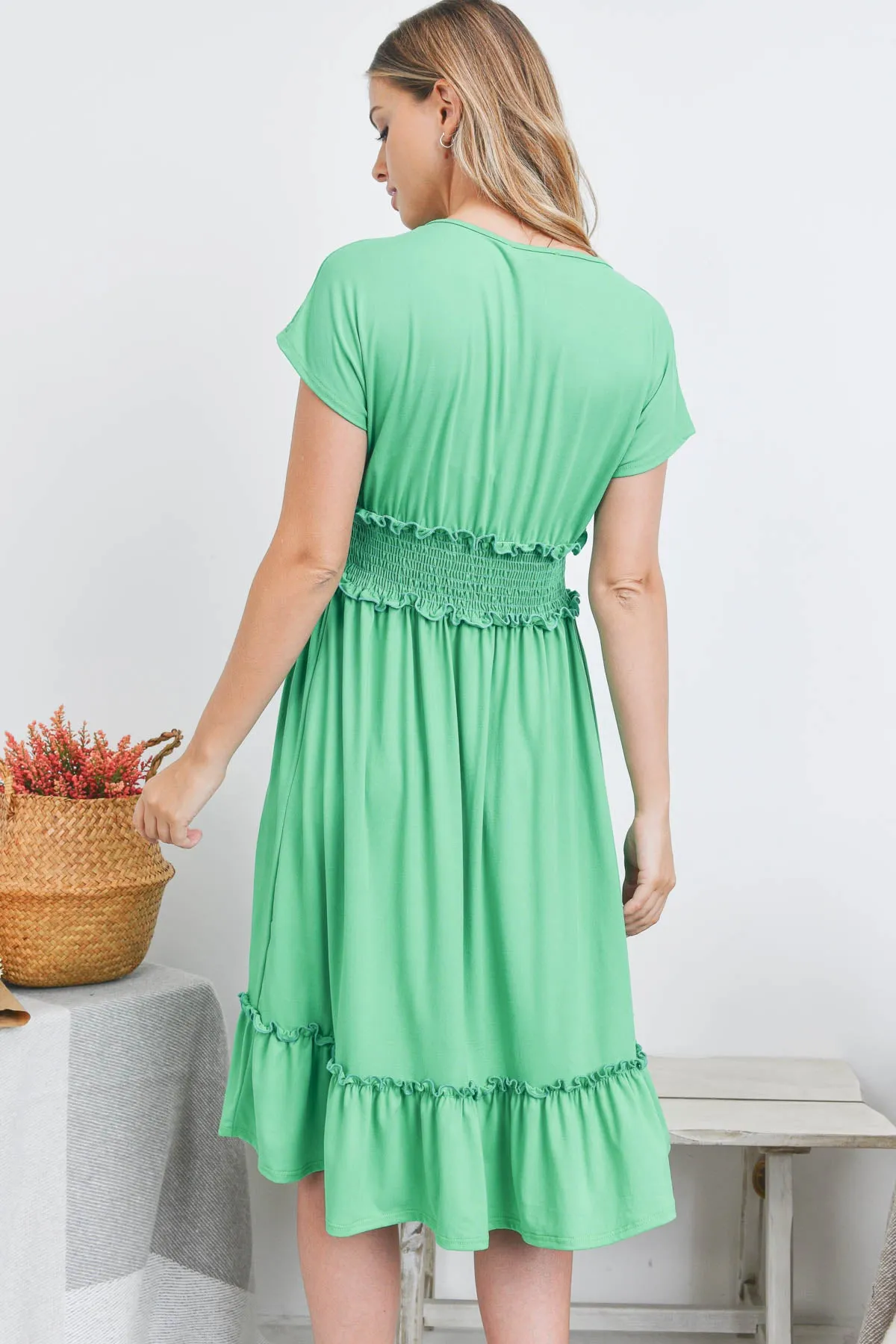 Solid Elastic Waist Ruffled Hem Dress