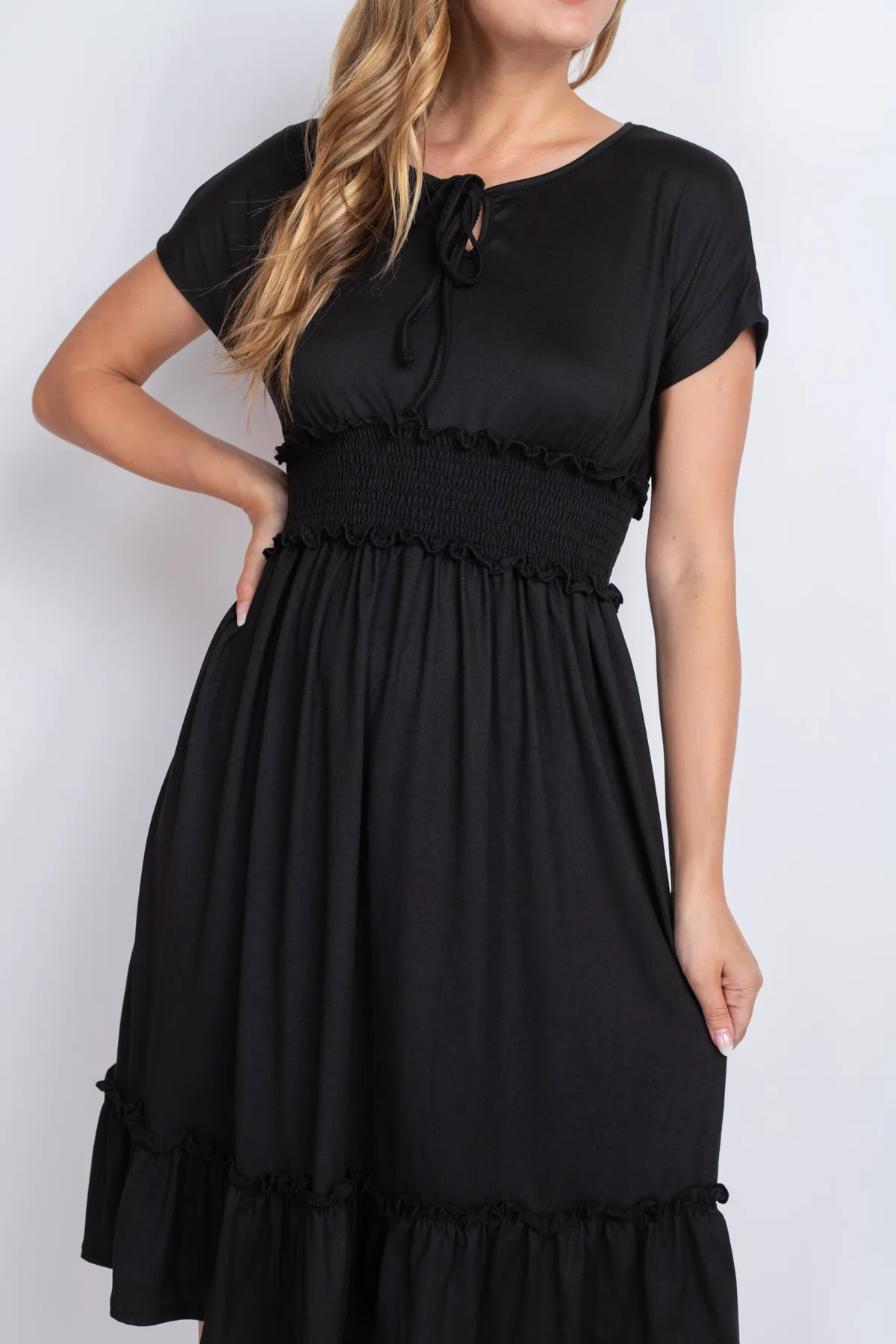 Solid Elastic Waist Ruffled Hem Dress