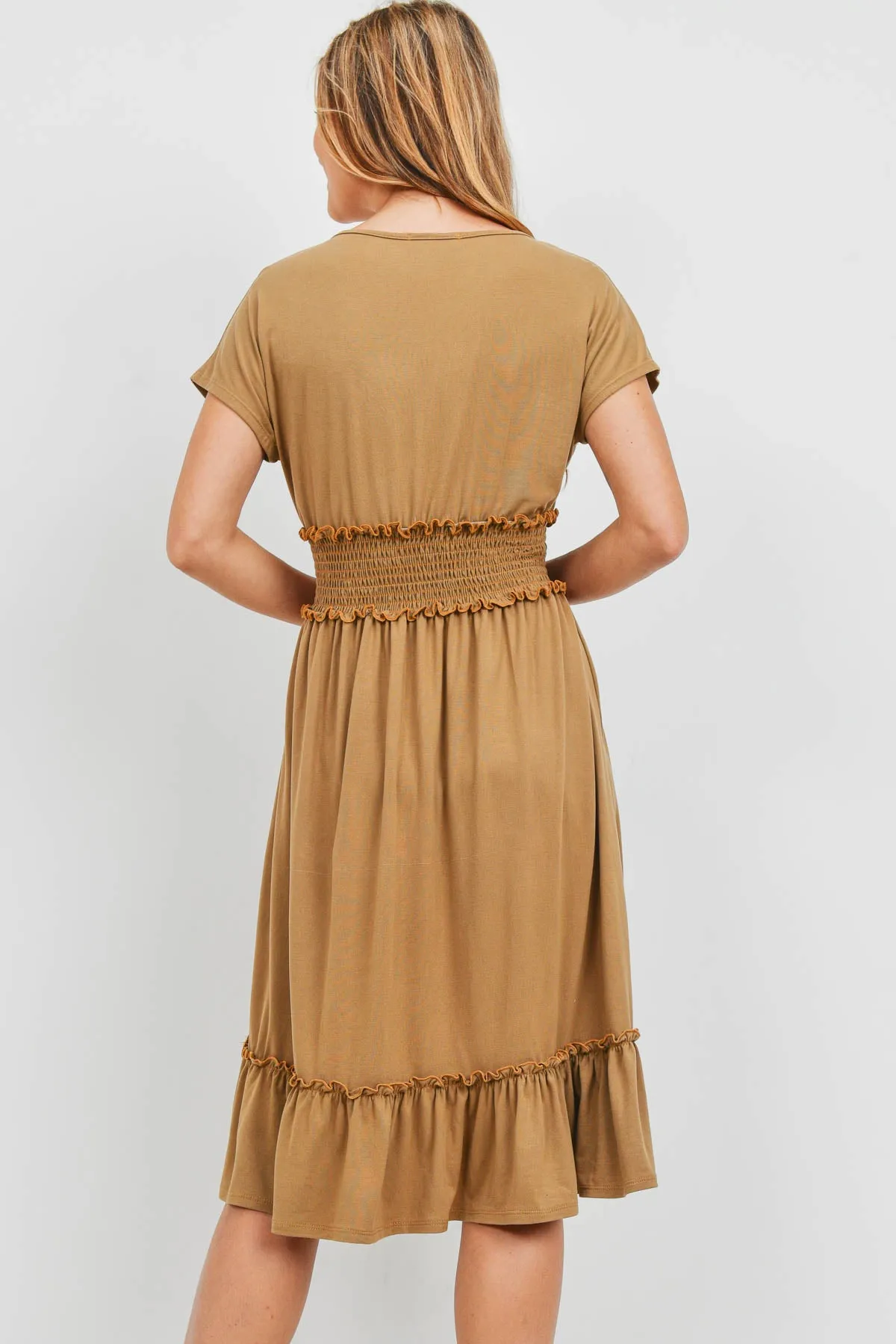 Solid Elastic Waist Ruffled Hem Dress