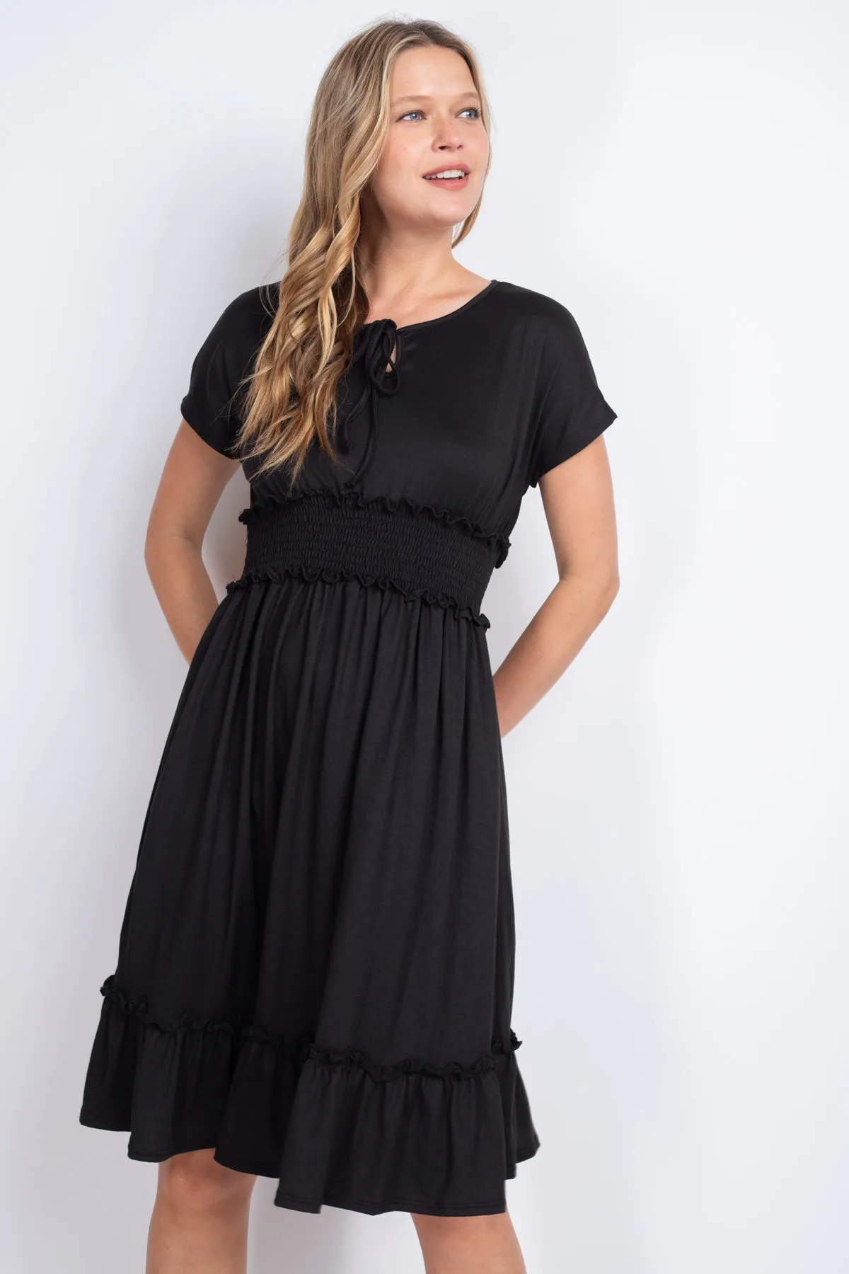Solid Elastic Waist Ruffled Hem Dress
