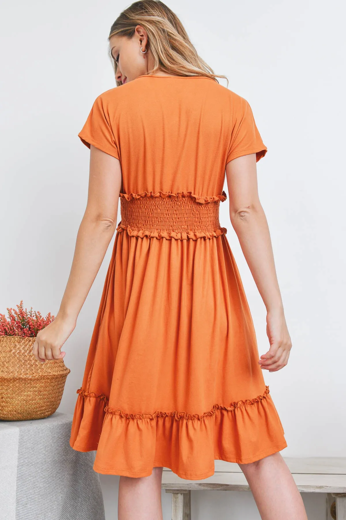Solid Elastic Waist Ruffled Hem Dress