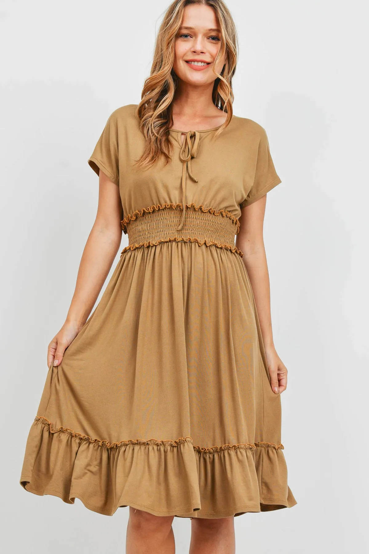 Solid Elastic Waist Ruffled Hem Dress