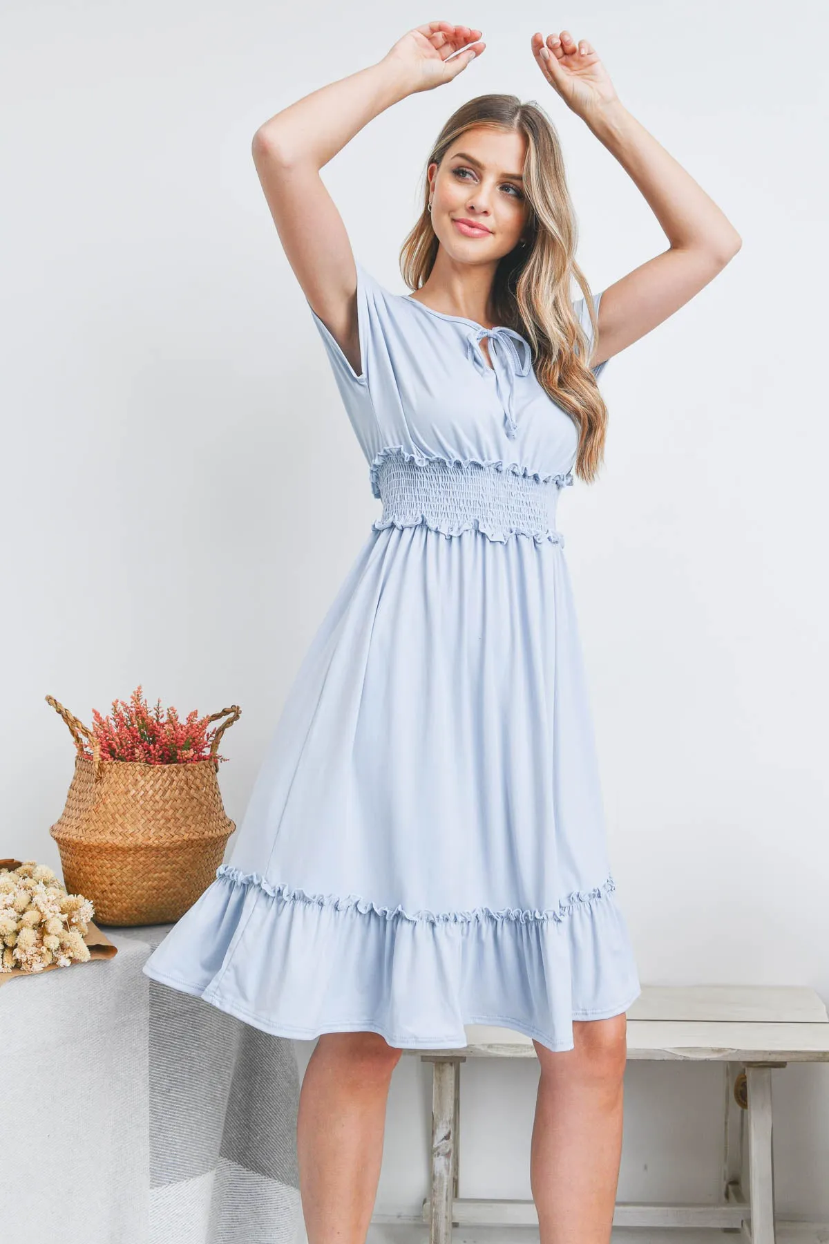 Solid Elastic Waist Ruffled Hem Dress