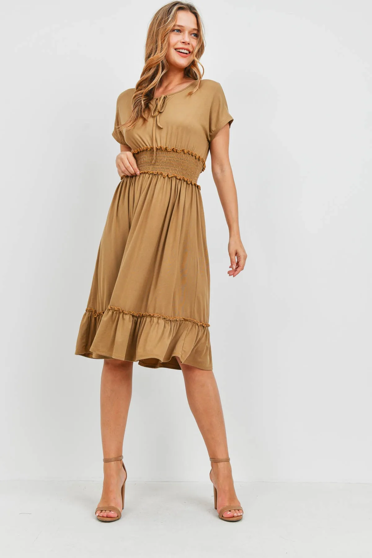 Solid Elastic Waist Ruffled Hem Dress