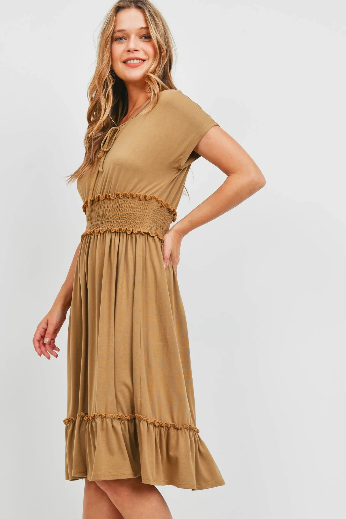 Solid Elastic Waist Ruffled Hem Dress