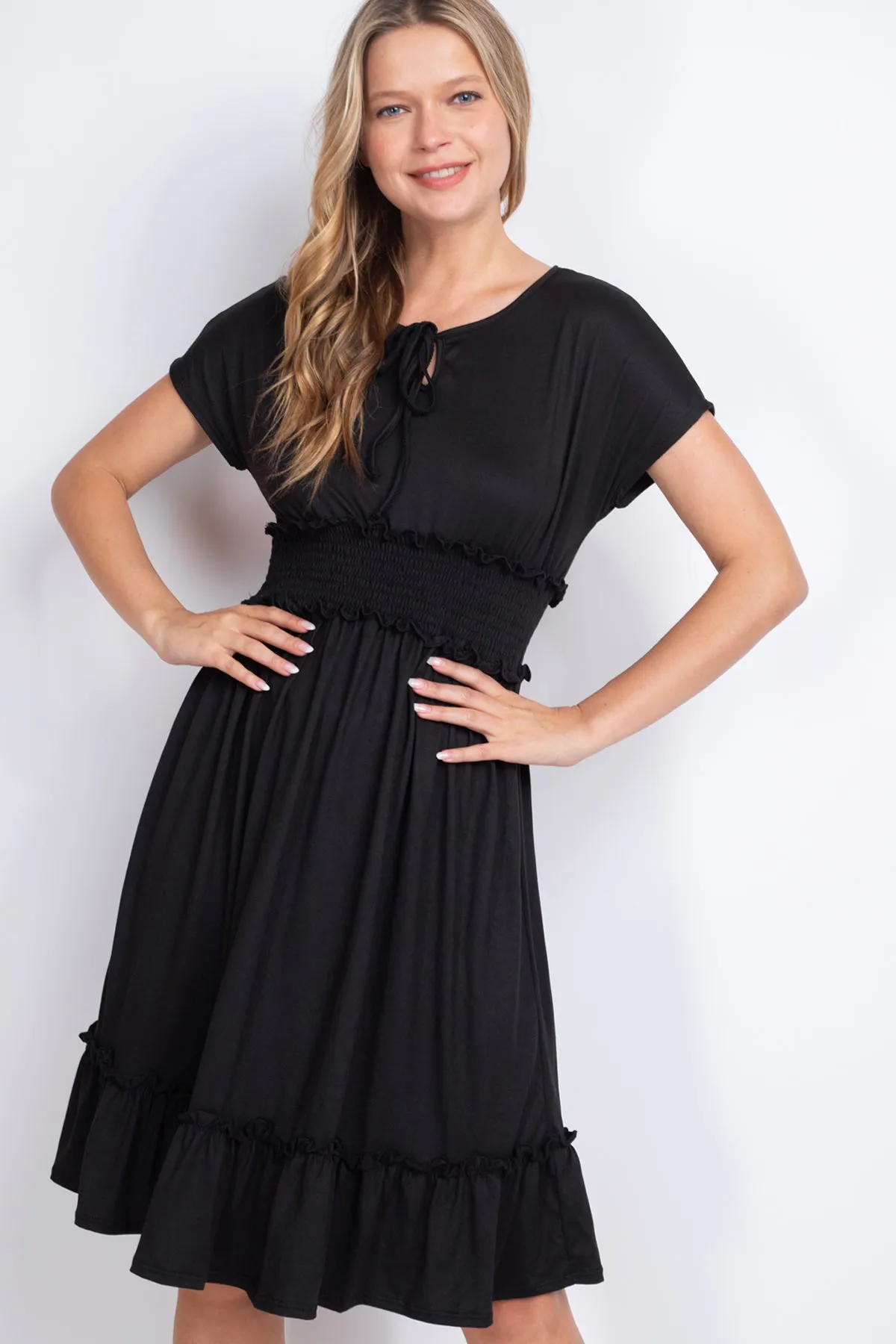 Solid Elastic Waist Ruffled Hem Dress
