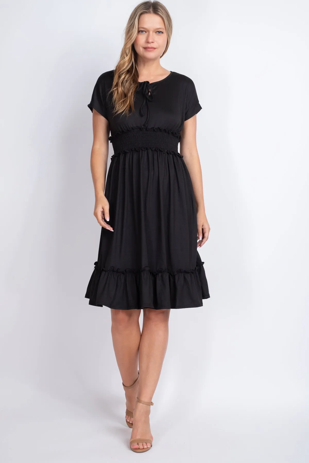Solid Elastic Waist Ruffled Hem Dress