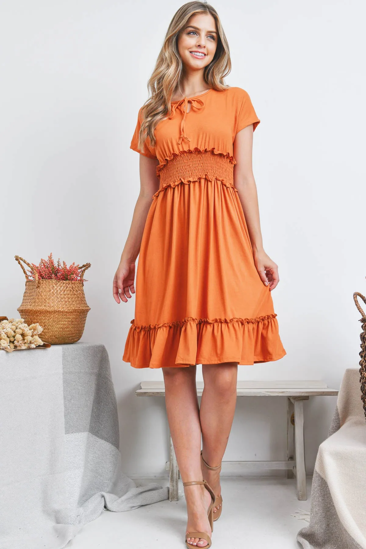 Solid Elastic Waist Ruffled Hem Dress