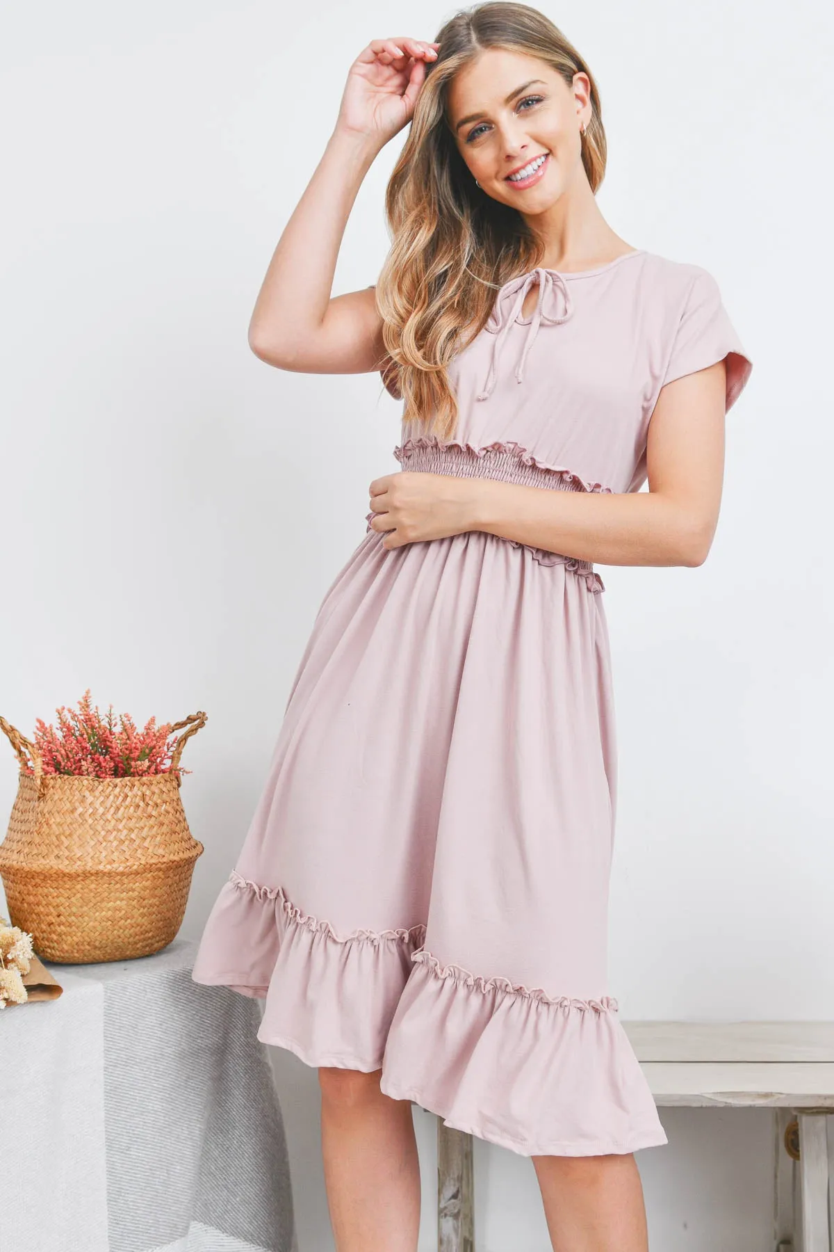 Solid Elastic Waist Ruffled Hem Dress