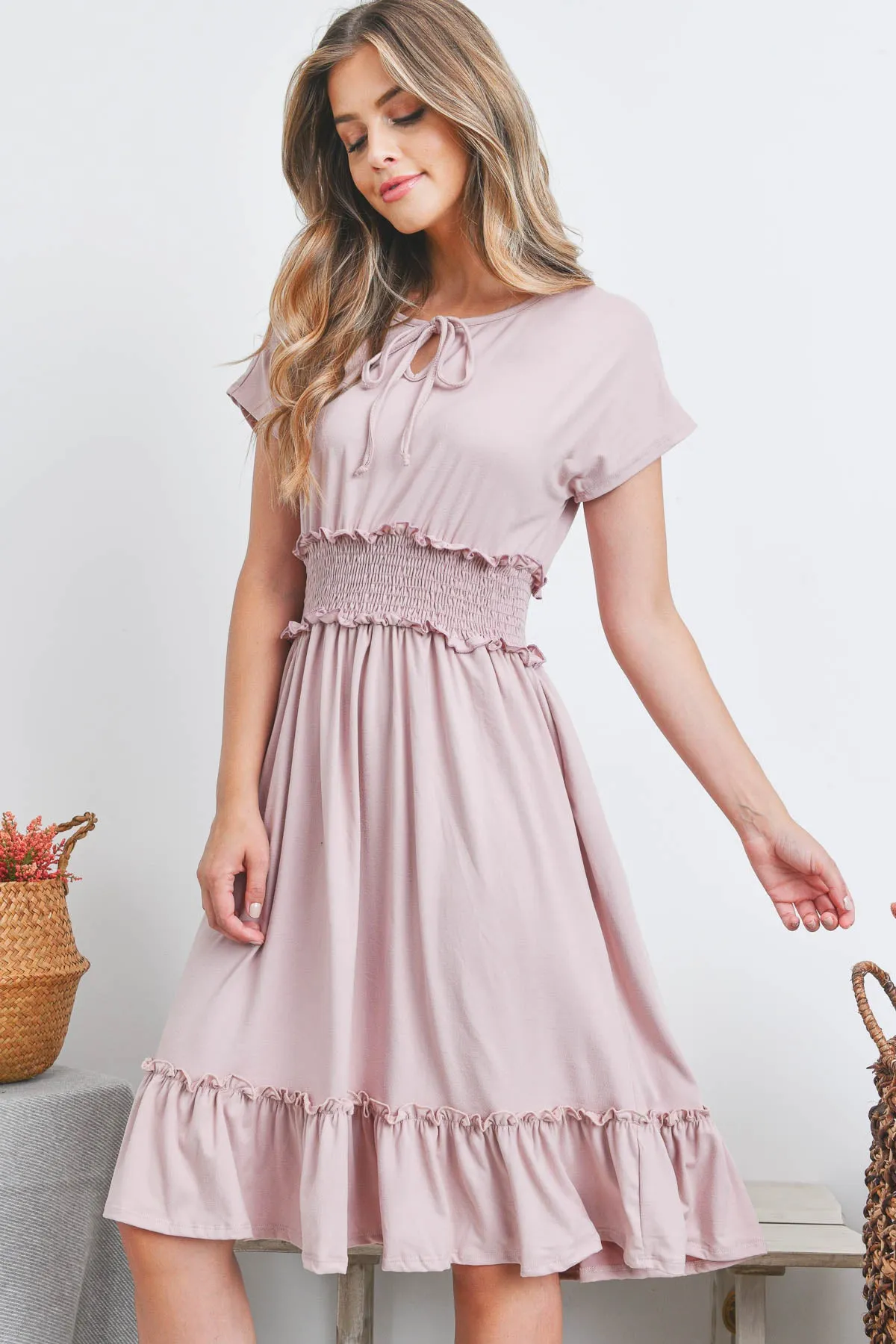 Solid Elastic Waist Ruffled Hem Dress