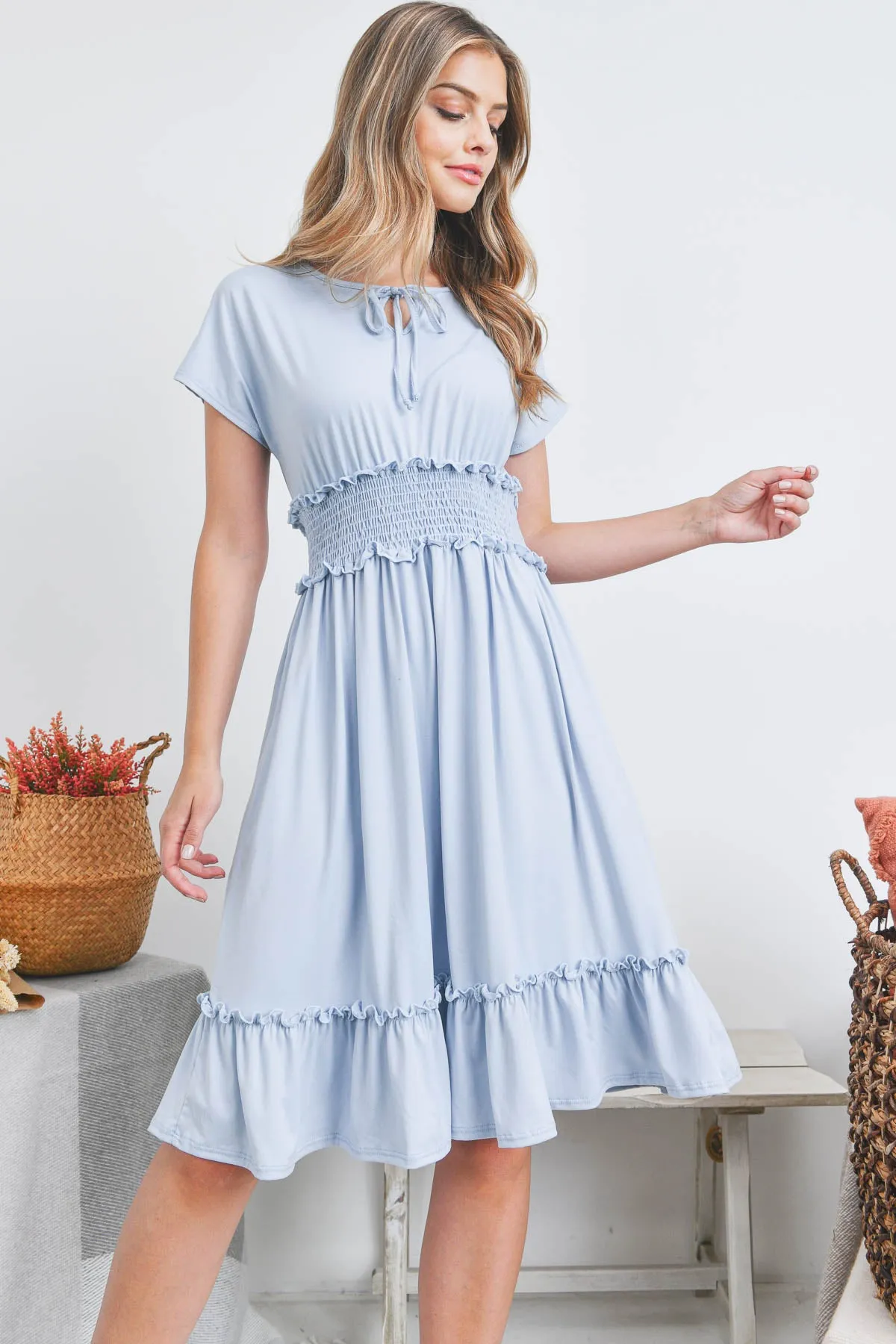 Solid Elastic Waist Ruffled Hem Dress