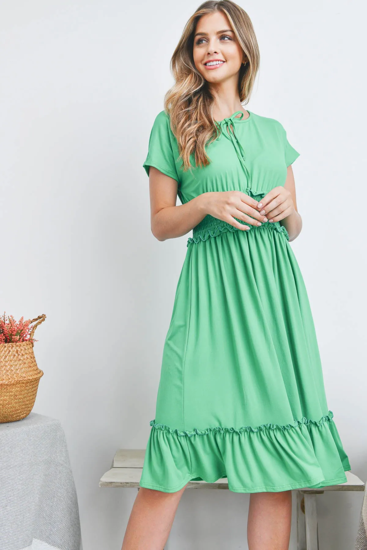 Solid Elastic Waist Ruffled Hem Dress