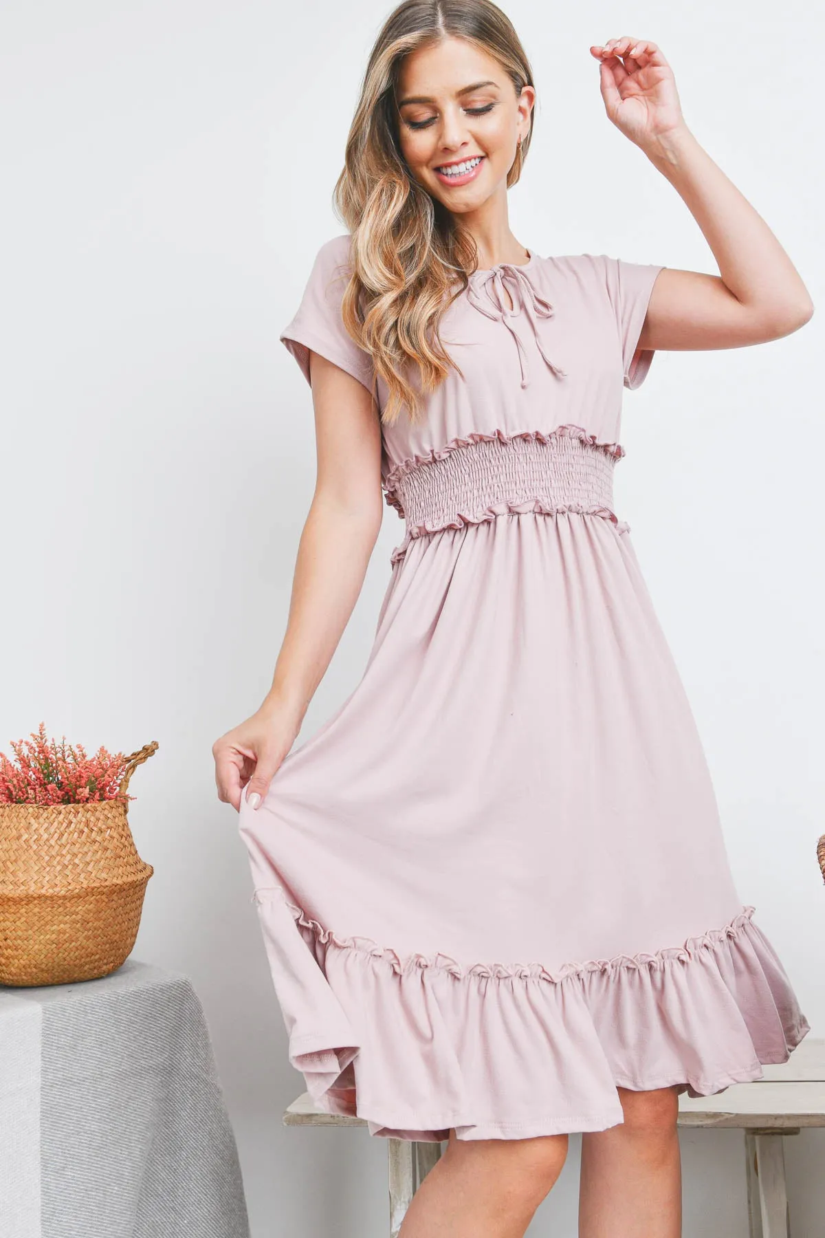 Solid Elastic Waist Ruffled Hem Dress