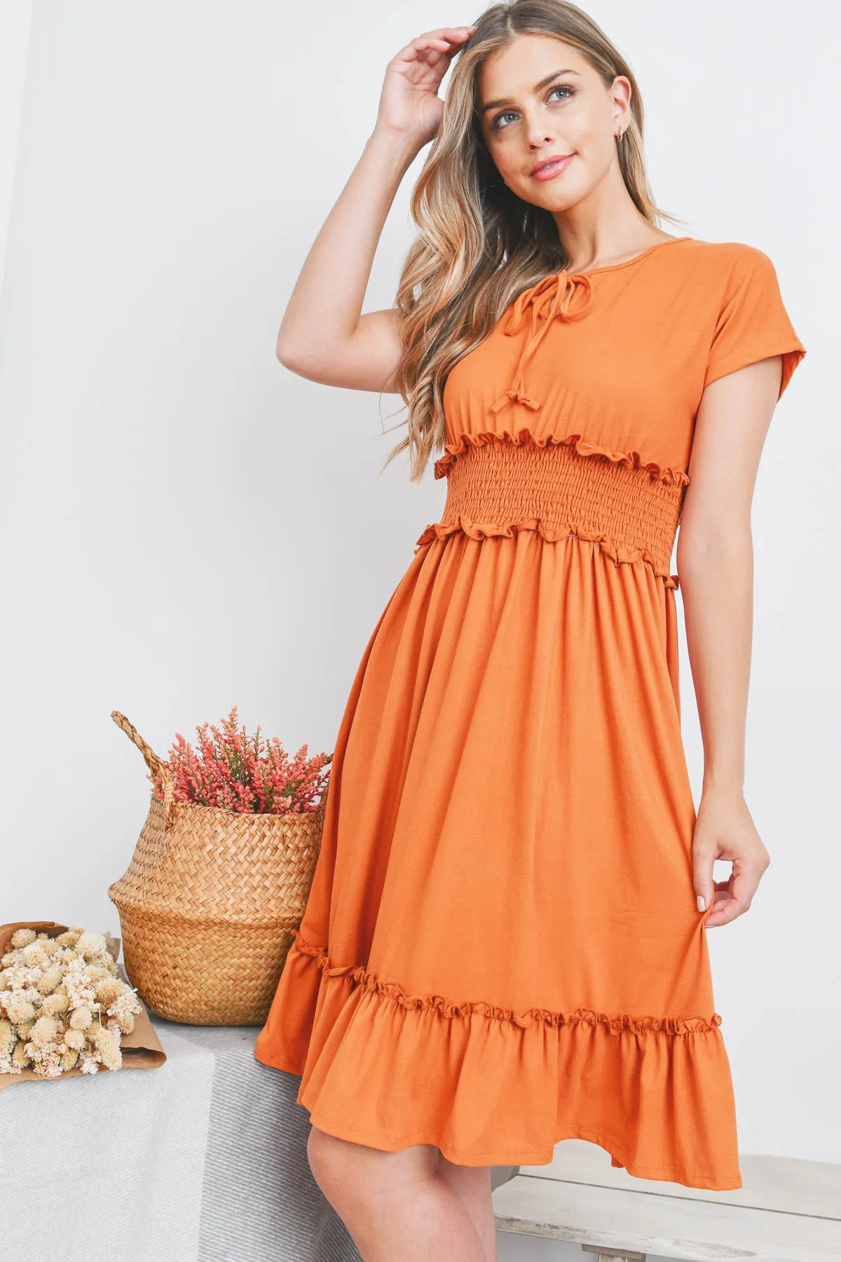 Solid Elastic Waist Ruffled Hem Dress